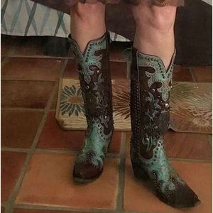 Lane double D Ranch turquoise brown ammunition boots
